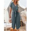 imageAcelitt Women Casual V Neck Short Sleeve Button Belted Wide Leg JumpsuitsSXXLKblue