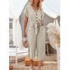 imageAcelitt Women Casual V Neck Short Sleeve Button Belted Wide Leg JumpsuitsSXXLLbeige