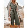 imageAcelitt Women Casual V Neck Short Sleeve Button Belted Wide Leg JumpsuitsSXXLLgreen