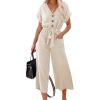 imageAcelitt Women Casual V Neck Short Sleeve Button Belted Wide Leg JumpsuitsSXXLLbeige