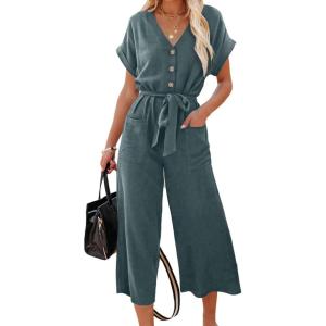 imageAcelitt Women Casual V Neck Short Sleeve Button Belted Wide Leg JumpsuitsSXXLKblue