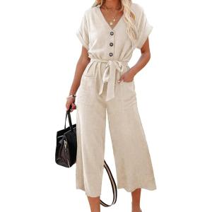 imageAcelitt Women Casual V Neck Short Sleeve Button Belted Wide Leg JumpsuitsSXXLLbeige