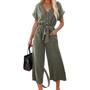 imageAcelitt Women Casual V Neck Short Sleeve Button Belted Wide Leg JumpsuitsSXXLLgreen