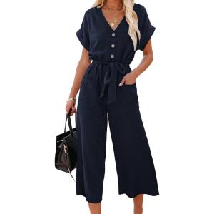 imageAcelitt Women Casual V Neck Short Sleeve Button Belted Wide Leg JumpsuitsSXXLLnavy Blue