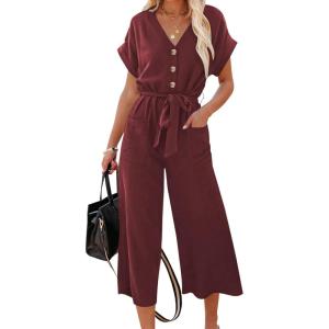 imageAcelitt Women Casual V Neck Short Sleeve Button Belted Wide Leg JumpsuitsSXXLLred
