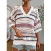 imageAcelitt Womens Short Sleeve Crochet Knit Sweater Hollow Out Striped Tops Beach Vacation Cruise OutfitsCpurple Stripe