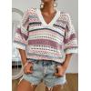 imageAcelitt Womens Short Sleeve Crochet Knit Sweater Hollow Out Striped Tops Beach Vacation Cruise OutfitsCpurple Stripe