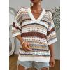 imageAcelitt Womens Short Sleeve Crochet Knit Sweater Hollow Out Striped Tops Beach Vacation Cruise OutfitsNewbrown Stripe