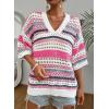 imageAcelitt Womens Short Sleeve Crochet Knit Sweater Hollow Out Striped Tops Beach Vacation Cruise OutfitsPink Stripe