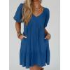 imageAcelitt Womens Summer Dresses 2025 Beach Casual Deep V Neck Loose Sundress Short Sleeve Mini DressBlue