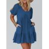 imageAcelitt Womens Summer Dresses 2025 Beach Casual Deep V Neck Loose Sundress Short Sleeve Mini DressBlue