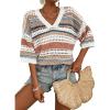 imageAcelitt Womens Short Sleeve Crochet Knit Sweater Hollow Out Striped Tops Beach Vacation Cruise OutfitsAkhaki Stripe