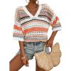 imageAcelitt Womens Short Sleeve Crochet Knit Sweater Hollow Out Striped Tops Beach Vacation Cruise OutfitsBorange Stripe