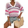 imageAcelitt Womens Short Sleeve Crochet Knit Sweater Hollow Out Striped Tops Beach Vacation Cruise OutfitsPink Stripe