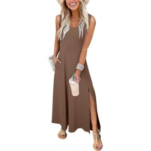 imageAcelitt Women 2025 Summer Sundress Casual Loose Sleeveless Beach Long Tank Dress Vacation Outfits with PocketsCoffee