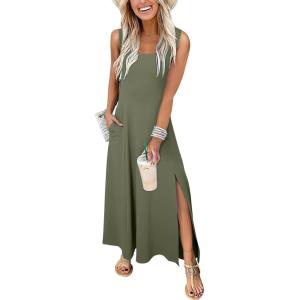 imageAcelitt Women 2025 Summer Sundress Casual Loose Sleeveless Beach Long Tank Dress Vacation Outfits with PocketsGreen