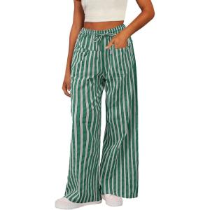 imageAcelitt Women Casual Drawstring Elastic Waist Loose Wide Leg Striped Pants with Pockets SXXLLight Green