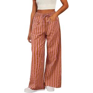 imageAcelitt Women Casual Drawstring Elastic Waist Loose Wide Leg Striped Pants with Pockets SXXLRed