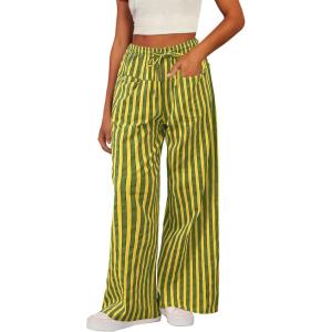 imageAcelitt Women Casual Drawstring Elastic Waist Loose Wide Leg Striped Pants with Pockets SXXLYellow