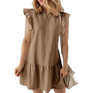 imageAcelitt Womens Casual Summer Crewneck Babydoll Flowy Tiered Mini Dress SXXLBrown