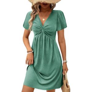 imageAcelitt Womens Casual Summer Twist Front V Neck Short Sleeve Mini Dress SXXLGreen