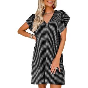 imageAcelitt Womens Casual Summer V Neck Cap Sleeve Shift Mini Dress with Pockets SXXLBlack