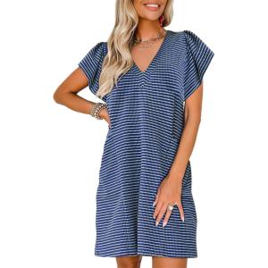 imageAcelitt Womens Casual Summer V Neck Cap Sleeve Shift Mini Dress with Pockets SXXLBlue