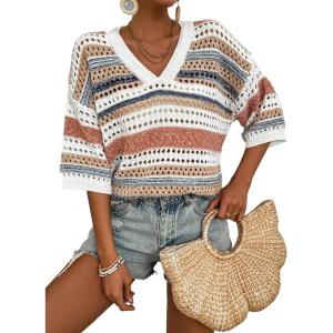 imageAcelitt Womens Short Sleeve Crochet Knit Sweater Hollow Out Striped Tops Beach Vacation Cruise OutfitsAkhaki Stripe