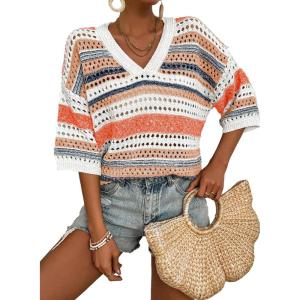 imageAcelitt Womens Short Sleeve Crochet Knit Sweater Hollow Out Striped Tops Beach Vacation Cruise OutfitsBorange Stripe