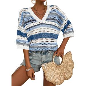 imageAcelitt Womens Short Sleeve Crochet Knit Sweater Hollow Out Striped Tops Beach Vacation Cruise OutfitsBsky Blue Stripe
