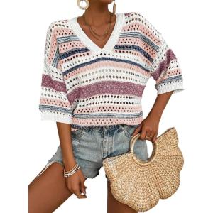 imageAcelitt Womens Short Sleeve Crochet Knit Sweater Hollow Out Striped Tops Beach Vacation Cruise OutfitsCpurple Stripe