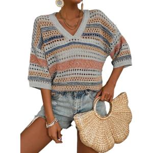 imageAcelitt Womens Short Sleeve Crochet Knit Sweater Hollow Out Striped Tops Beach Vacation Cruise OutfitsGray Stripe