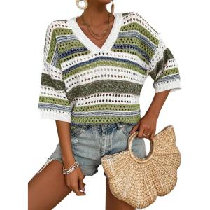 imageAcelitt Womens Short Sleeve Crochet Knit Sweater Hollow Out Striped Tops Beach Vacation Cruise OutfitsGreen Stripe
