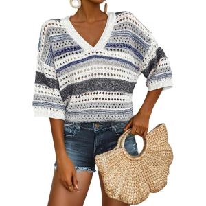 imageAcelitt Womens Short Sleeve Crochet Knit Sweater Hollow Out Striped Tops Beach Vacation Cruise OutfitsLight Gray Stripe