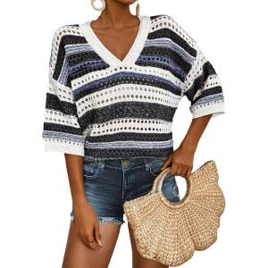 imageAcelitt Womens Short Sleeve Crochet Knit Sweater Hollow Out Striped Tops Beach Vacation Cruise OutfitsNewblack Stripe