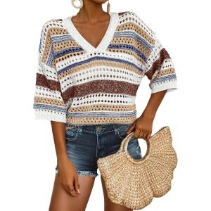 imageAcelitt Womens Short Sleeve Crochet Knit Sweater Hollow Out Striped Tops Beach Vacation Cruise OutfitsNewbrown Stripe