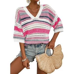 imageAcelitt Womens Short Sleeve Crochet Knit Sweater Hollow Out Striped Tops Beach Vacation Cruise OutfitsPink Stripe