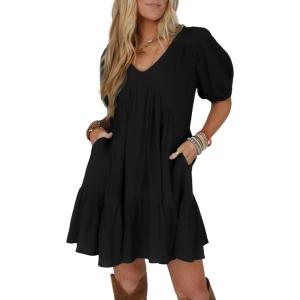 imageAcelitt Womens Summer Dresses 2025 Beach Casual Deep V Neck Loose Sundress Short Sleeve Mini DressBlack