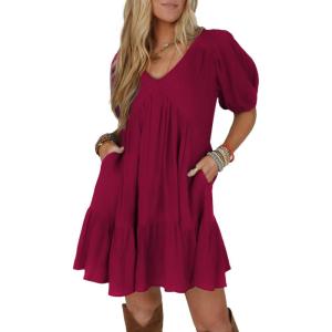 imageAcelitt Womens Summer Dresses 2025 Beach Casual Deep V Neck Loose Sundress Short Sleeve Mini DressRed