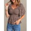 imageAcelitt Womens Spring Summer Puff Short Sleeve Peplum Top Casual V Neck Smocked Blouses Dressy ShirtDz Zbrown