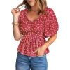 imageAcelitt Womens Spring Summer Puff Short Sleeve Peplum Top Casual V Neck Smocked Blouses Dressy ShirtDz Red02