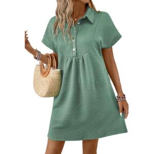 imageAcelitt Summer Lapel Collared Dresses for Women 2025 Batwing Short Sleeve Mini Dress Beach SundressGreen