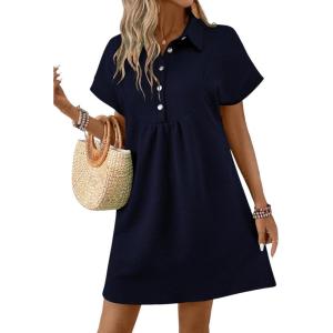 imageAcelitt Summer Lapel Collared Dresses for Women 2025 Batwing Short Sleeve Mini Dress Beach SundressNavy Blue