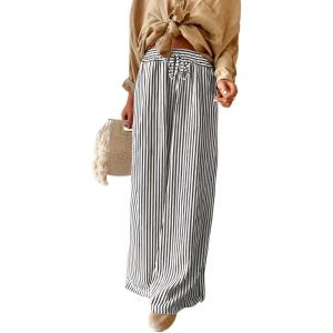 imageAcelitt Women Casual Drawstring Elastic Waist Striped Wide Leg Pants with Pockets SXXLBlack