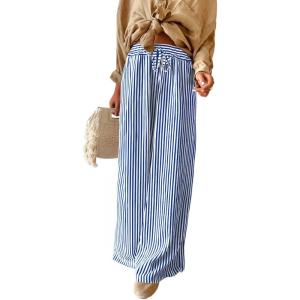 imageAcelitt Women Casual Drawstring Elastic Waist Striped Wide Leg Pants with Pockets SXXLBlue