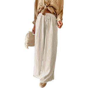 imageAcelitt Women Casual Drawstring Elastic Waist Striped Wide Leg Pants with Pockets SXXLKhaki