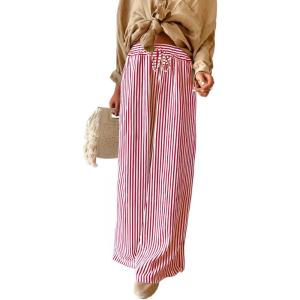 imageAcelitt Women Casual Drawstring Elastic Waist Striped Wide Leg Pants with Pockets SXXLRed