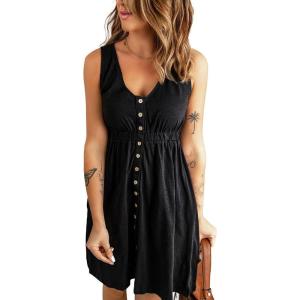 imageAcelitt Women Summer Casual Sleeveless Button Down Elastic Waist Swing Dresses XS2XLDblack