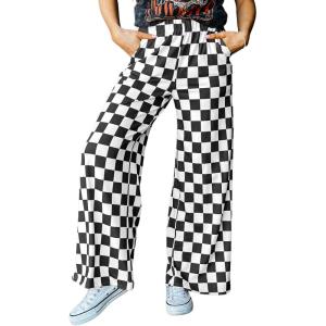 imageAcelitt Womens Casual Checkered Pants Elastic Waist Comfy Loose Wide Leg Pants with PocketsBlack and White