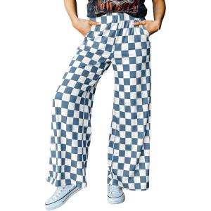 imageAcelitt Womens Casual Checkered Pants Elastic Waist Comfy Loose Wide Leg Pants with PocketsBlue and White